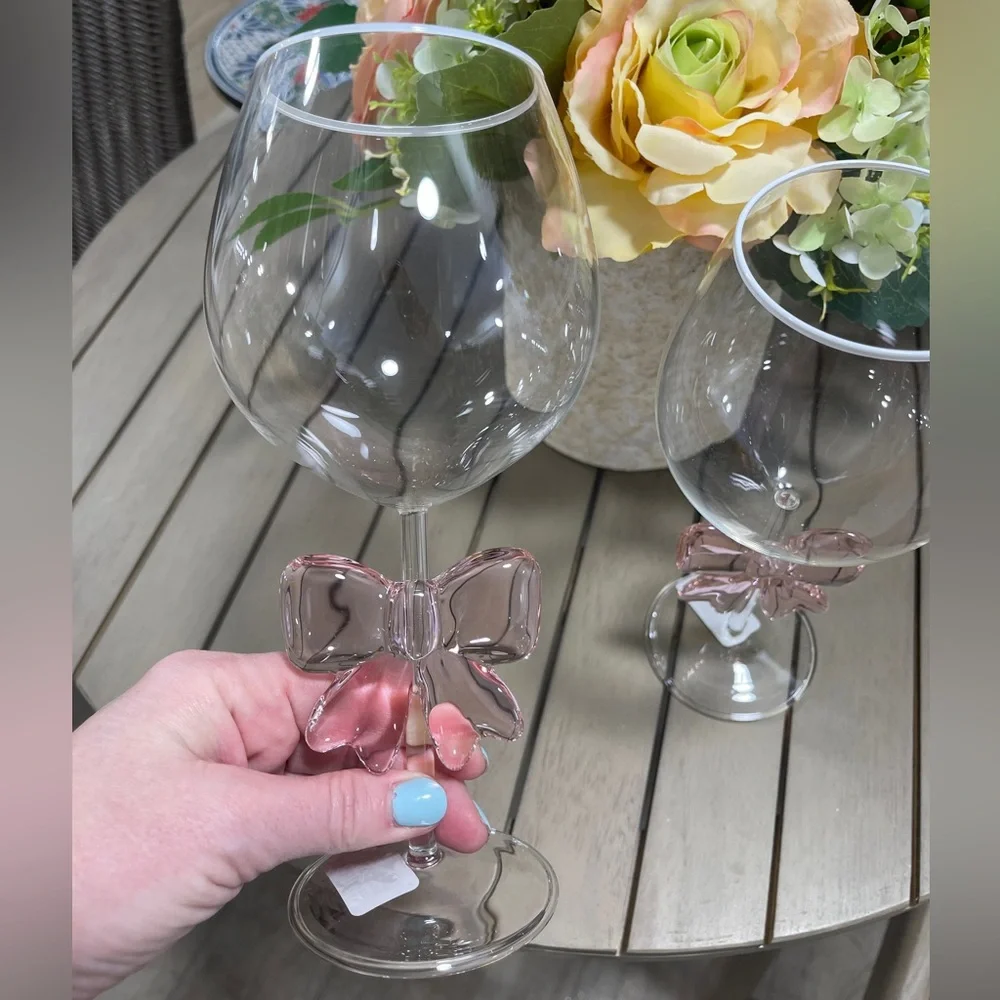 Pink Bow Ribbon Coquette Glass Wine Glasses Set of 2 NWT